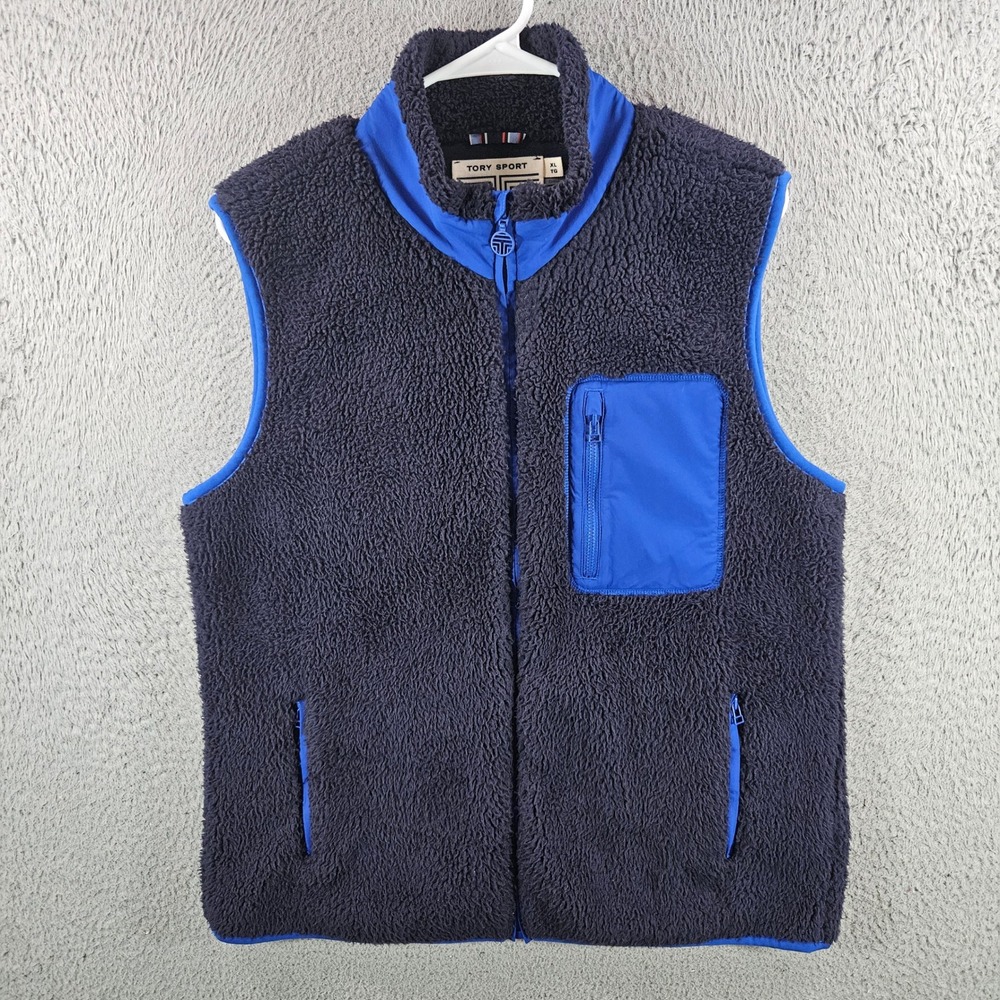 Tory Burch Tory‎ Sport Womens XL Sherpa Fleece Vest Navy Blue Full Zip Mock Neck